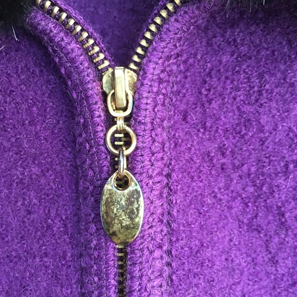 Vintage purple boiled wool vest faux fur collar women's Large crest patch - Picture 4 of 10